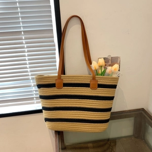 Woven Cotton Rope Tote Bag Striped Contrast Color Large Capacity Handbag With Leather Handles Casual Summer Beach Handbag