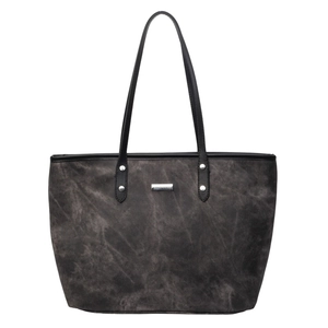 Vintage smoke gray tote bag with black handles and silver rivets for daily commuting