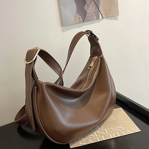 Dark brown PU leather crescent shoulder bag with adjustable strap and gold metal zipper
