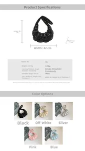 Detailed size chart and multi-color options for the pleated cloud shoulder bag in PU leather