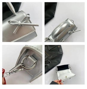 Detail shots of a metallic silver mini bag with bow decoration and magnetic closure