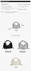Guide des dimensions de ce sac plissé avec tailles et trois options de couleurs