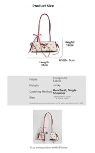 Size chart showing 31x9x12cm bag dimensions with fabric info and phone comparison