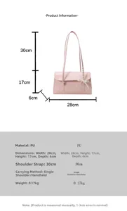 Sac à épaule en PU rose avec nœud, montrant les dimensions 28x17x6cm et les spécifications