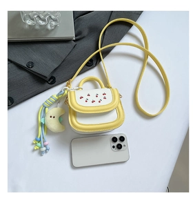 Mini lemon yellow crossbody bag with cherry embroidery and plush moon charm decoration