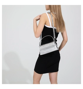 Silver metallic textured handbag with crossbody strap shown on model in a studio setting