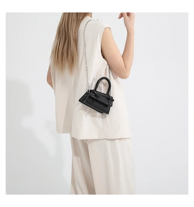 Miniature black crossbody bag with silver chain strap shown as a stylish fashion accessory