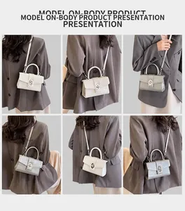 Detail shots of white and silver crocodile embossed leather crossbody bags on model