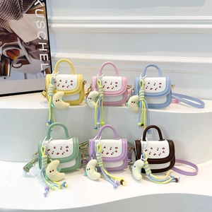Women Mini Shoulder Bag PU Leather Cherry Print Contrast Color Crossbody Handbag With Moon Plush Pendant Cute Style