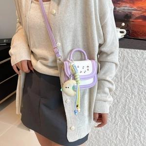 Mini purple and white cherry print handbag with a cute plush moon charm for women
