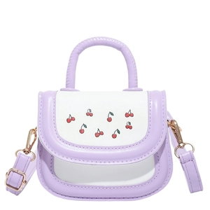 Mini lavender and white crossbody bag with cherry prints and adjustable shoulder strap