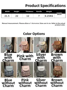 Detail showcasing the drawstring bucket design and four metallic color options for the backpack