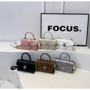 Detailed close-up of crocodile pattern leather mini square bags with oval metal rotary locks