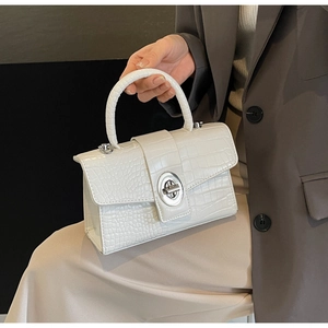 Detail of white crocodile embossed texture and silver metal twist lock on a small bag