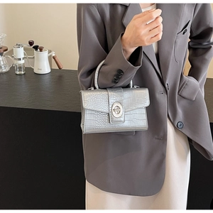 Detail of silver crocodile pattern square bag with metal rotating lock and handle