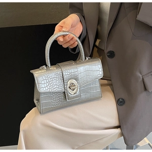 Detailed close-up of silver crocodile embossed mini handbag with metallic twist lock