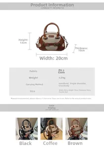 Detailed size chart for retro Boston bag with PU canvas material and color options