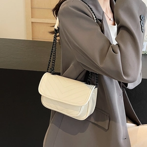 Chic cream white V-quilted small square crossbody bag with sleek black chain strap for women