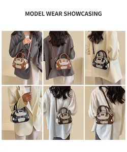 Multiple views of mini Boston bag with textured contrast fabric and leather strap