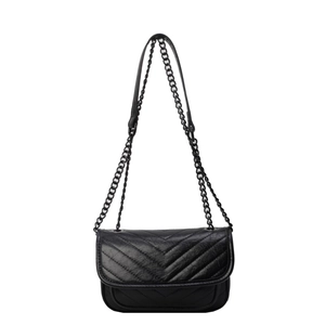 Minimalist black chevron quilted crossbody bag with stylish metallic chain strap