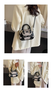 Detailed views of a canvas and leather Boston bag shown hand-carried and worn as a crossbody