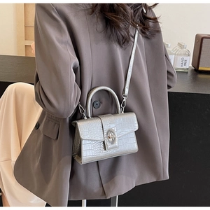 Detailed view of silver faux crocodile texture and metal twist lock on a mini handbag