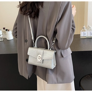 Silver crocodile pattern handbag shown as a crossbody bag in a modern cafe setting
