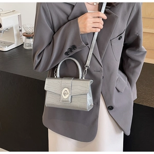Silver crocodile pattern mini square bag with metal turn-lock shown as a crossbody detail