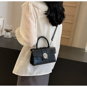 Close-up of black crocodile pattern crossbody bag with circular metal twist lock on model