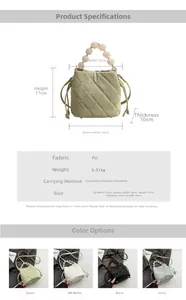 Dimensions et détails du sac seau matelassé avec poignée perle et quatre couleurs
