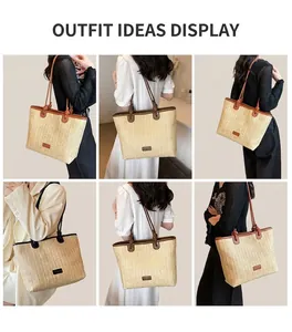 Detailed views of a woven straw tote bag styled with casual and formal summer outfits