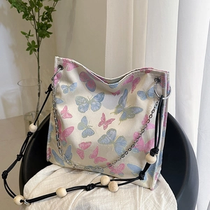 Schmetterling Stickerei Tote Bag Jacquard Stoff Holzperlen Metallkette Schulterhandtasche Geräumig Frauen