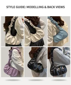 Collage of chic pleated dumpling bags in white beige blue purple and black colors