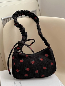Sweet Strawberry Print Corduroy Underarm Bag Ruched Strap Women Shoulder Bag Small Handbag With Bow For Daily Dating Casual