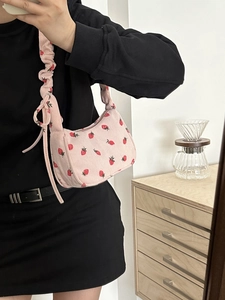 Pink corduroy strawberry shoulder bag with ruffled strap and side bow for women