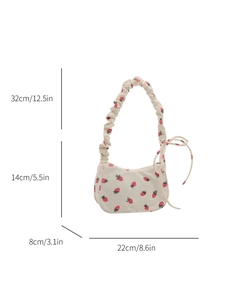 Cream corduroy shoulder bag with strawberry print and bow detail, dimensions shown