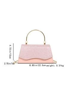 Sac à main rose à paillettes avec poignée dorée et perles, taille 22.5x12x7cm