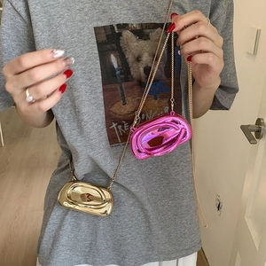 Retro metallic box mini clutch in gold and pink finish with thin gold chain