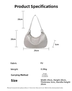 Detailed size chart and dimensions of the silver woven PU leather tote shoulder bag