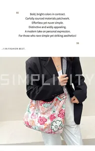 Floral drawstring tote bag detail showing colorful woven rope handles and vibrant summer print