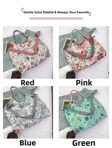 Collage of floral canvas tote bags in red, pink, blue and green with plaid straps