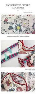 Detail of floral canvas tote fabric with red piping and a mint green cord adjuster