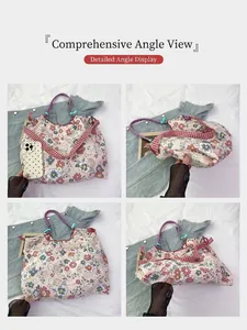 Floral canvas tote bag shown from four different angles including front, back and side views