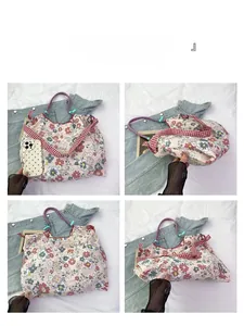 Floral canvas tote bag shown from four different angles including front, back and side views