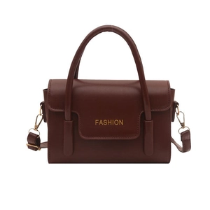 Japanese style deep brown faux leather handbag with top handle and FASHION lettering
