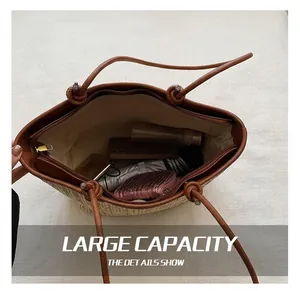 Interior view of brown woven tote bag showing large capacity for umbrella and phone