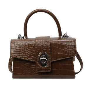 Brown crocodile texture leather satchel with metal twist lock and top handle