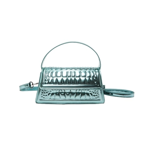 Glossy light blue crocodile-embossed hourglass handbag with metallic finish and top handle