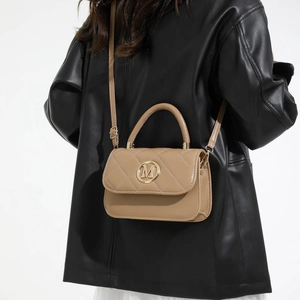 Elegant khaki quilted handbag with gold M logo and leather strap for women