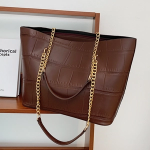 Women's Fashion Crocodile Pattern PU Leather Tote Bag Large Capacity Commuter Shoulder Bag With Metal Chain Strap